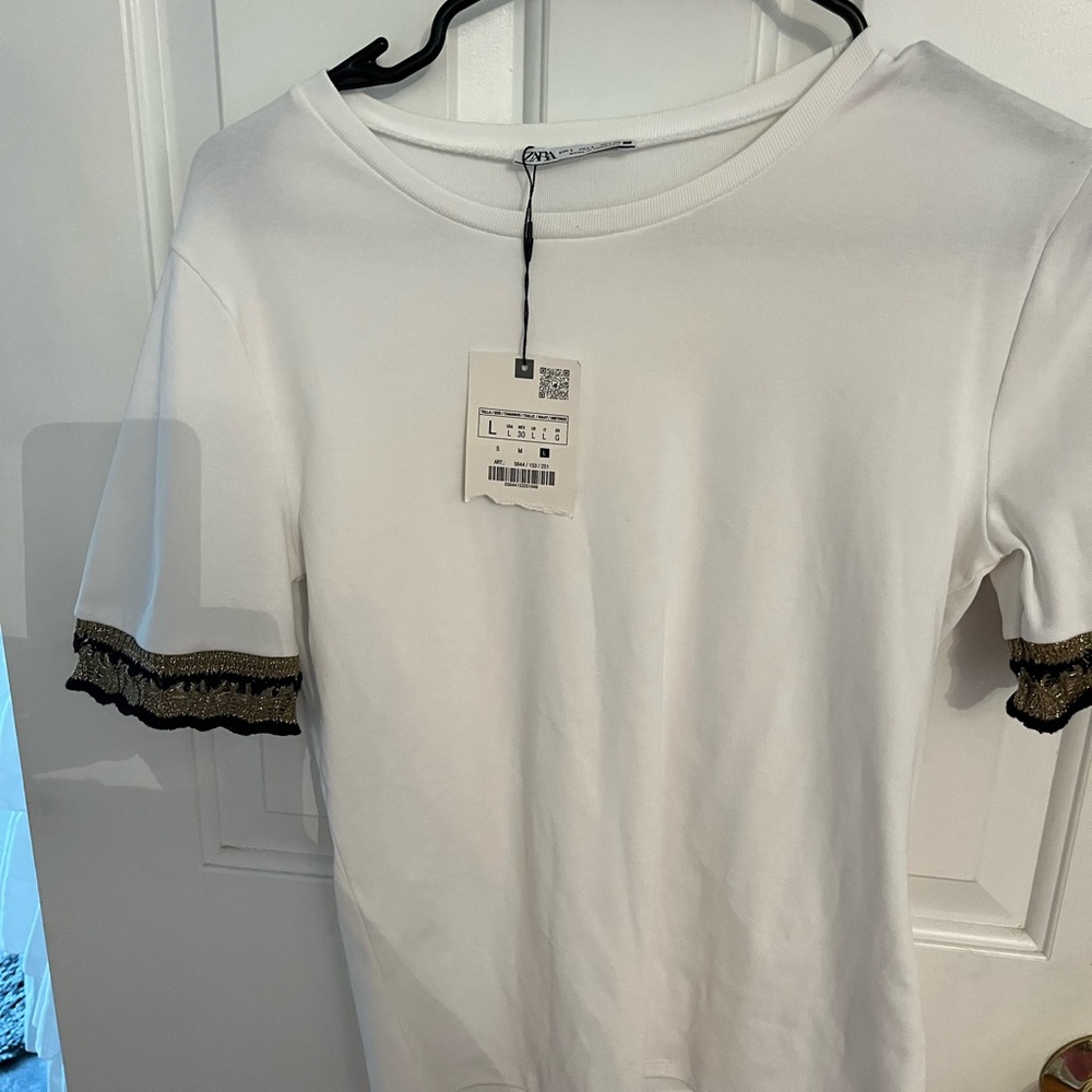 Zara White Black and gold embellished trim Short Sleeve T-Shirt